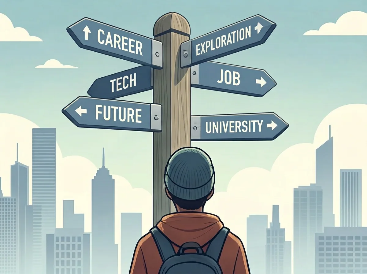 Young person facing a signpost with career direction signs
